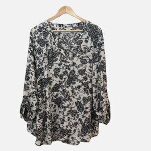 Women's 1X Black Paisley Floral Soft Stretch Pullover 3/4 Sleeve PLUS Blouse